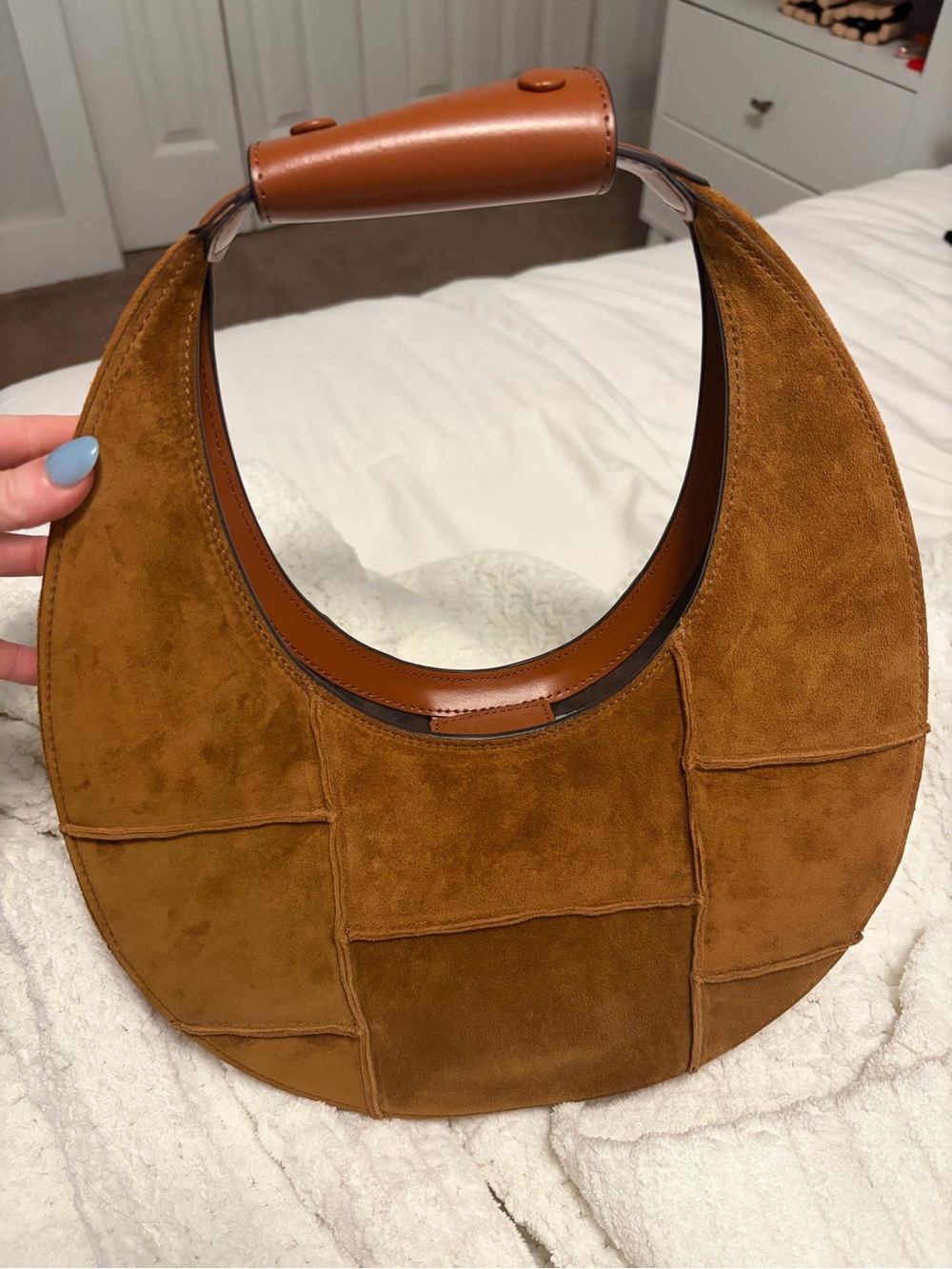 Staud Suede Moon Shoulder Bag in Chestnut Brown